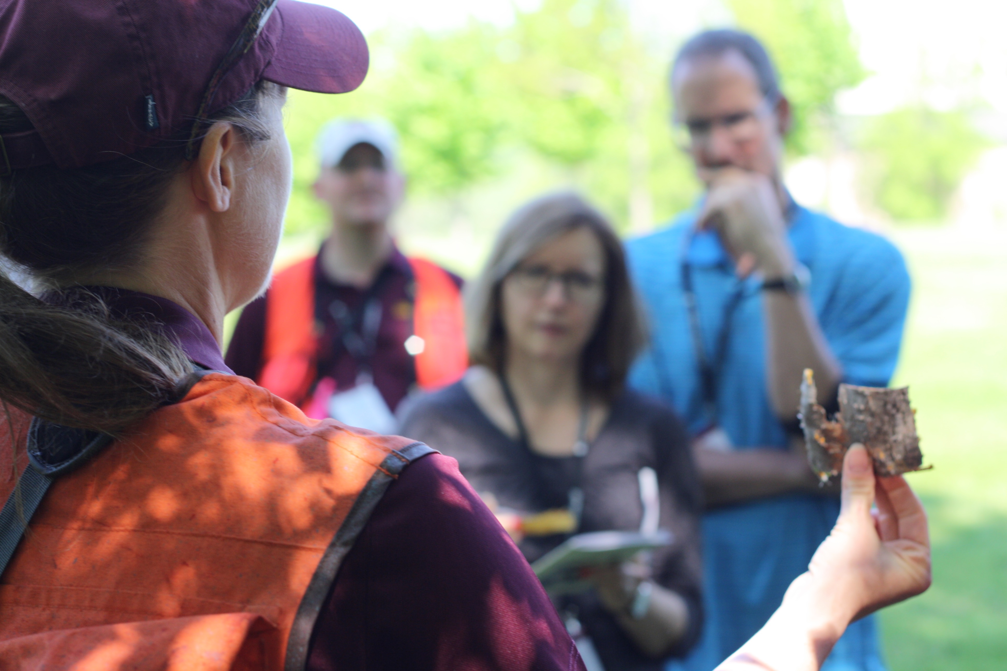 Extension Educator Angela Gupta shows tree identification skills to Master Woodland Owners.